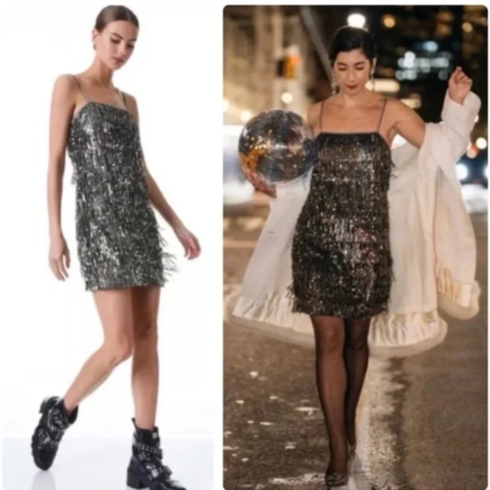 NWT Alice + Olivia Chicago Sequin Fringe Mini Dress Gunmetal Silver Flapper NYE - Picture 9 of 17